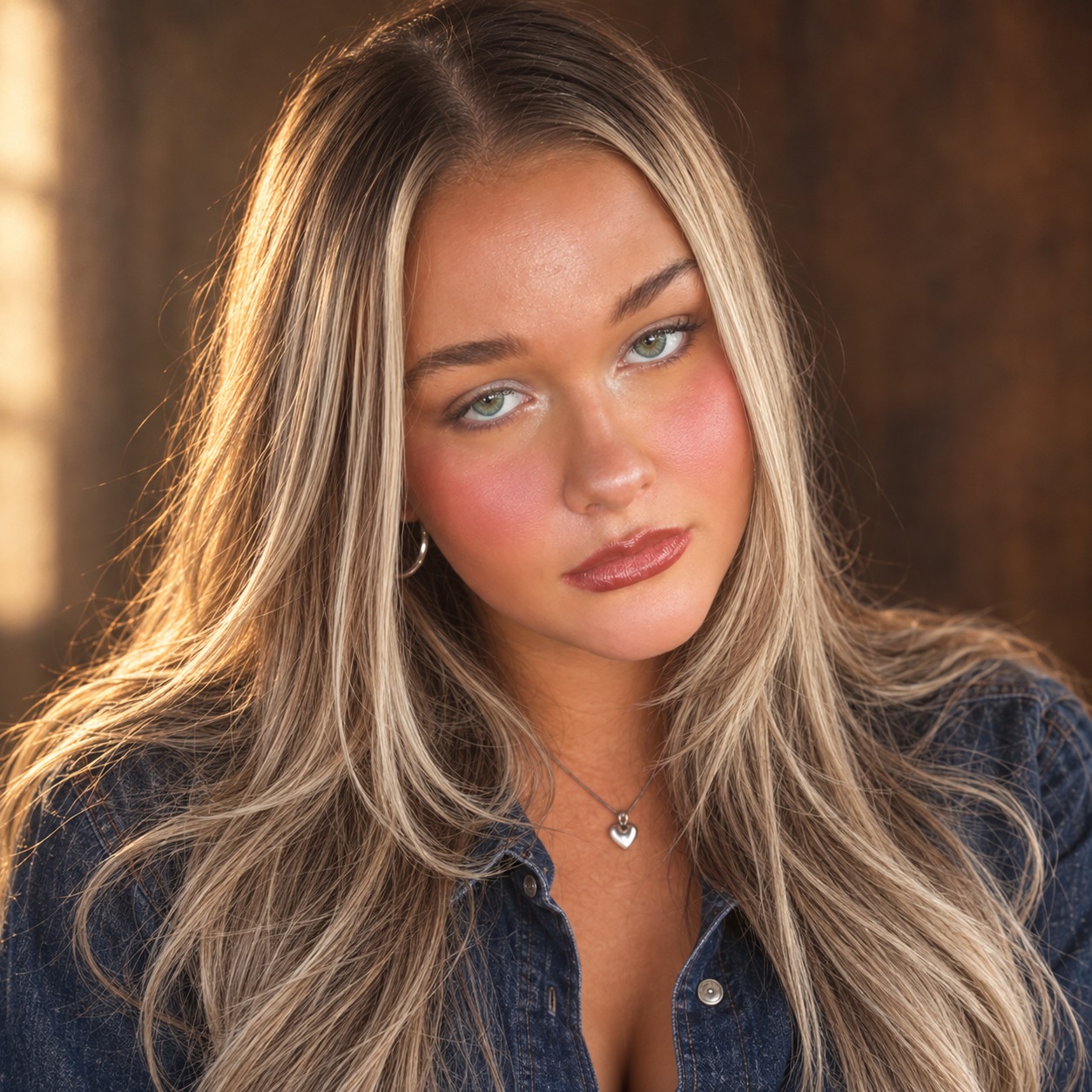 Alannah Star in a denim shirt, photographed in warm golden light